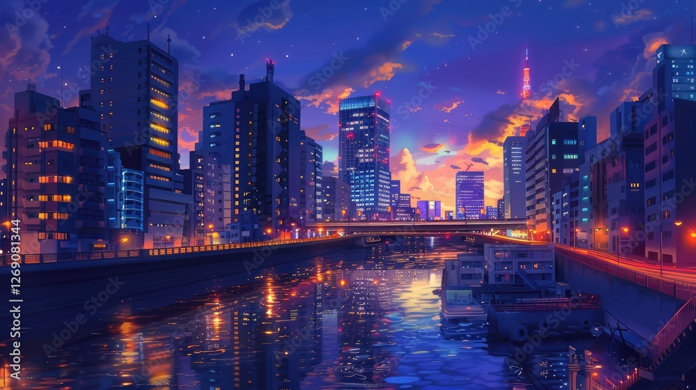 Vibrant cityscape at dusk with illuminated buildings reflecting on a serene river, showcasing urban life and tranquility Vibrant cityscape at dusk with illuminated buildings reflecting on a serene river, showcasing urban life and tranquility
