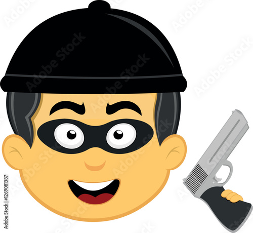 vector illustration yellow emoji character male, with a hat, a thief mask and a gun in his hand