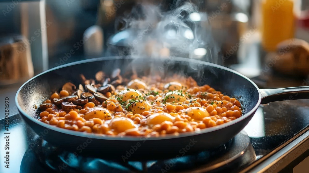 A steaming skillet with beans, mushrooms, and eggs, showcasing a hearty meal preparation. A steaming skillet with beans, mushrooms, and eggs, showcasing a hearty meal preparation.