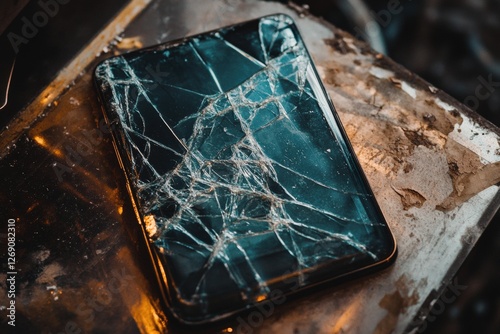 Cracked phone screen with unread emergency notifications on a metallic surface in low light. Generative AI