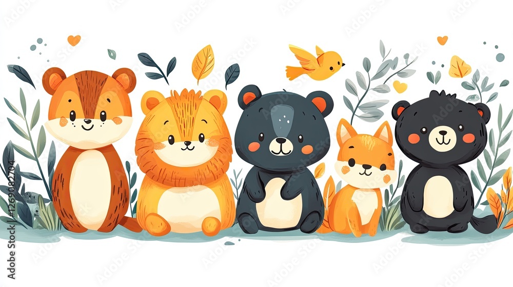 Fototapeta premium Cute cartoon animals including a squirrel, lion, bear, fox, and black bear surrounded by foliage and hearts