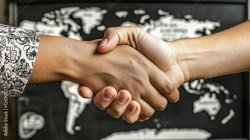Two hands shaking firmly against the backdrop of a world map.