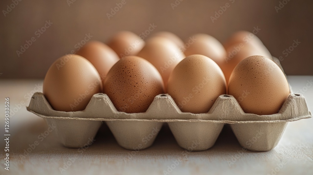Carton of fresh brown eggs arranged in natural light Carton of fresh brown eggs arranged in natural light