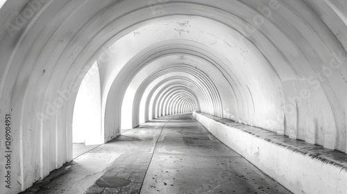 Serene white tunnel with arched ceilings leading into the distance, evoking a sense of calm and exploration