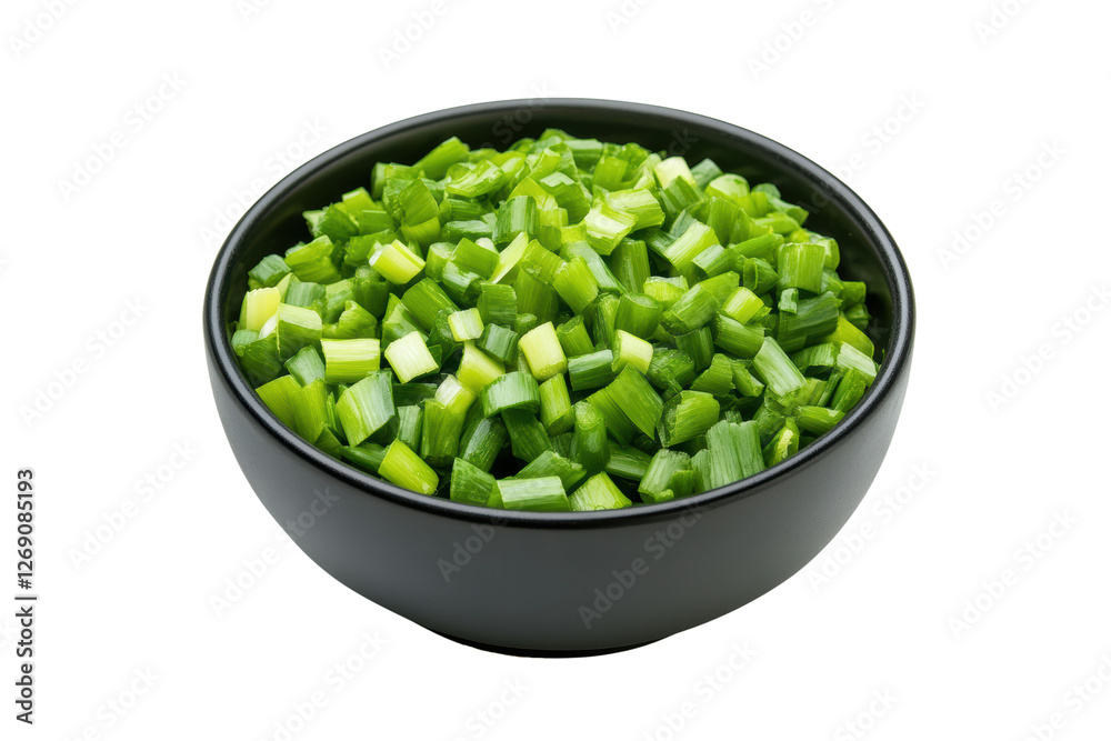Chopped green onion in a black ceramic bowl isolated on transparent or white background, png Chopped green onion in a black ceramic bowl isolated on transparent or white background, png