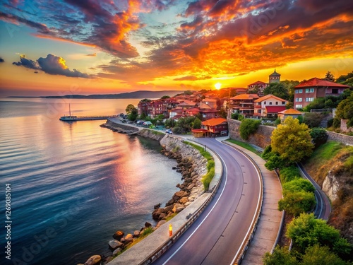 Wallpaper Mural Nessebar Bulgaria: Asphalt Road to Ancient Town at Sunset, Colorful Sky, Sea Bay Torontodigital.ca