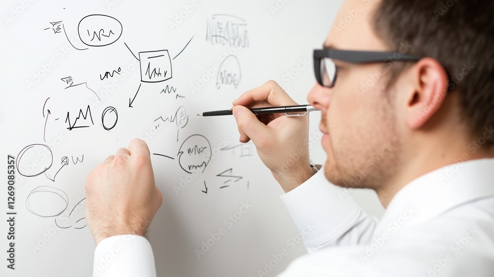 The Mind at Work: A focused businessman in glasses meticulously maps out a strategic plan on a whiteboard, his hand moving with purpose as he connects ideas and visualizes solutions. The Mind at Work: A focused businessman in glasses meticulously maps out a strategic plan on a whiteboard, his hand moving with purpose as he connects ideas and visualizes solutions.