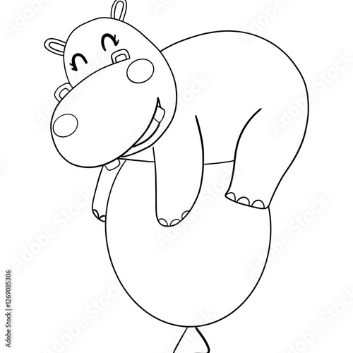 Outline coloring , Happy hippo balancing on a large balloon.