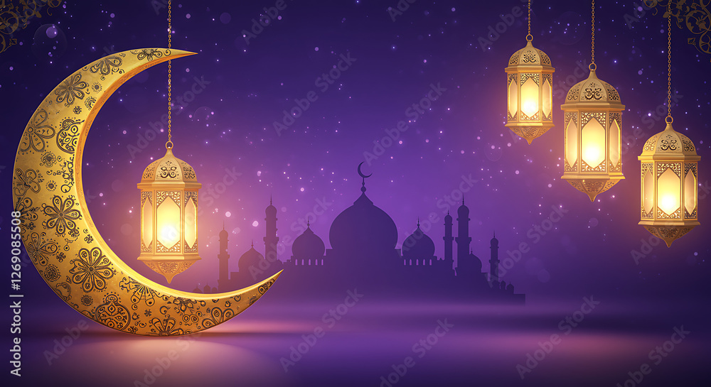 Ramadan Crescent Moon and Lanterns with Mosque Silhouette Celebration Ramadan Crescent Moon and Lanterns with Mosque Silhouette Celebration