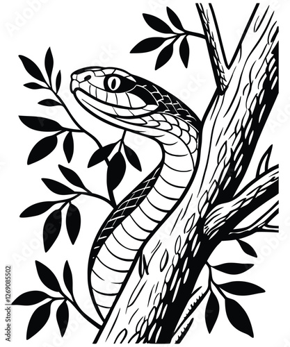 Black and white illustration of a snake coiled around a tree branch with detailed scales and an alert expression. The tree branch has several leaves, enhancing the natural setting.