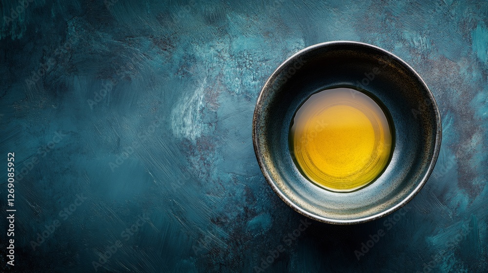 Minimalist tea cup with vibrant liquid against a textured background