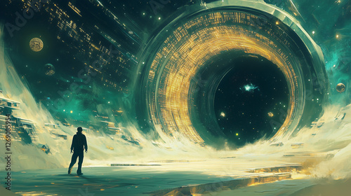 Galactic library storing memories of extinct civilizations, floating data constellations, black hole portal as entrance