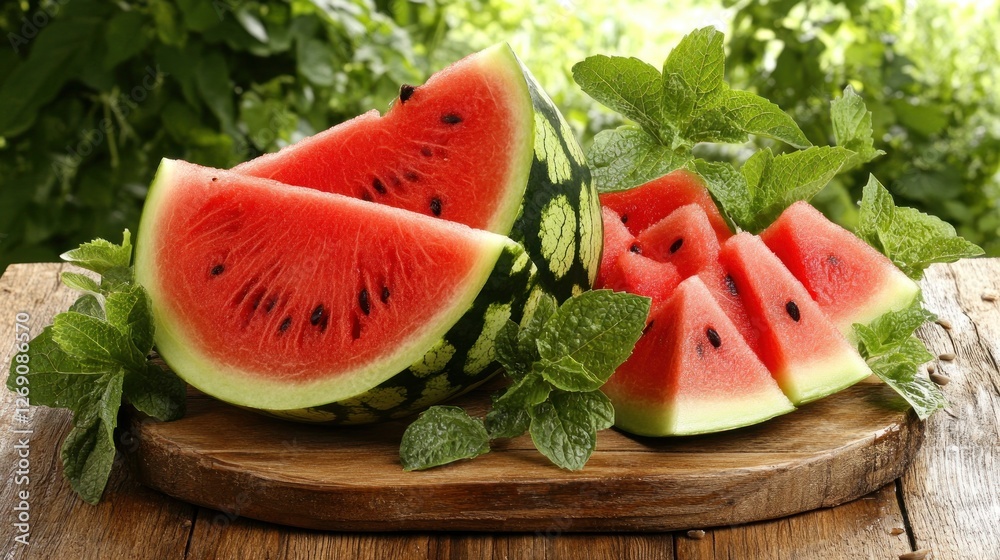 Refreshing Watermelon Slices with Mint on Wooden Board Refreshing Watermelon Slices with Mint on Wooden Board