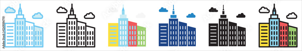 Naklejka premium Office Building multi style, mini illustration icon. outline, flat, glyph, line color, UI, UX, app and web, digital or print. For education, construction, transportation, environment, urban planning.