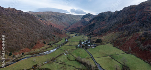 Stonethwaite near Keswick Lake District Cumbria UK aerial view of valley and fells photo
