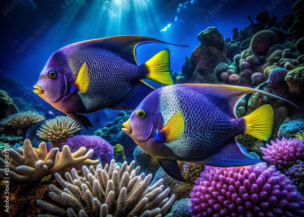 Night Dive Bonaire: Two Angel Fish Illuminated Night Dive Bonaire: Two Angel Fish Illuminated