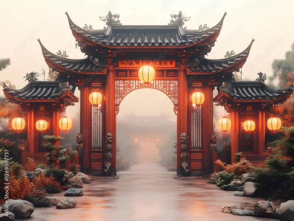 Asian garden gate, misty path, lanterns, autumn Asian garden gate, misty path, lanterns, autumn