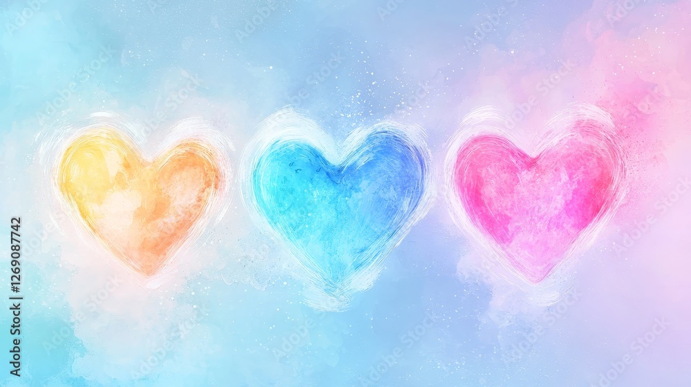 Fototapeta premium Watercolor effect neon heart banners with soft glowing outlines, pastel hues, romantic brush strokes, dreamy appearance