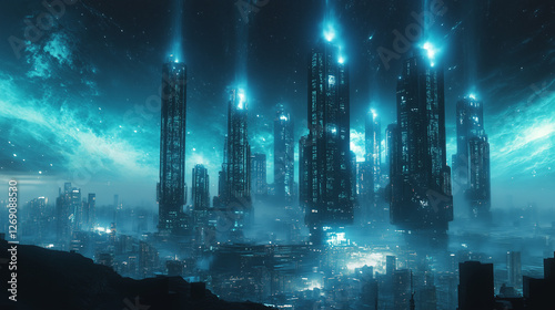 Giant machines releasing glowing particles to cool the atmosphere, futuristic city under artificial aurora, eco-tech aesthetic