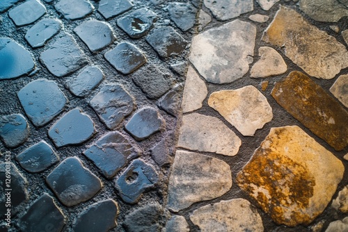 Driveway cleaning process revealing contrasting textures of stones and cobblestones under bright sunlight. Generative AI