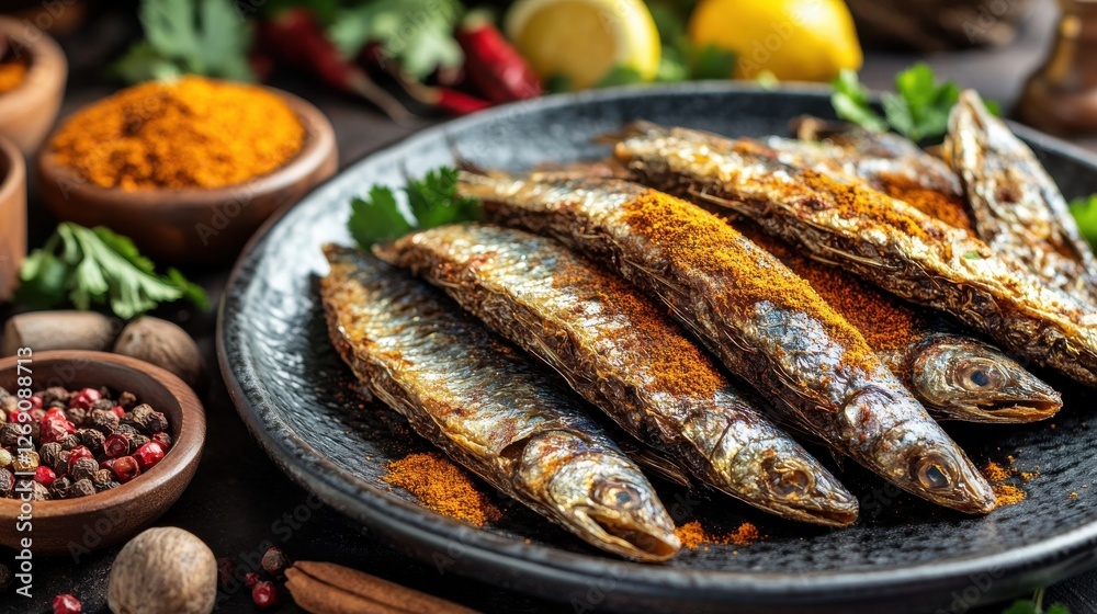 A composition of dried fish served on a ceramic plate, accompanied by traditional spices and condiments, ready for cooking. A composition of dried fish served on a ceramic plate, accompanied by traditional spices and condiments, ready for cooking.
