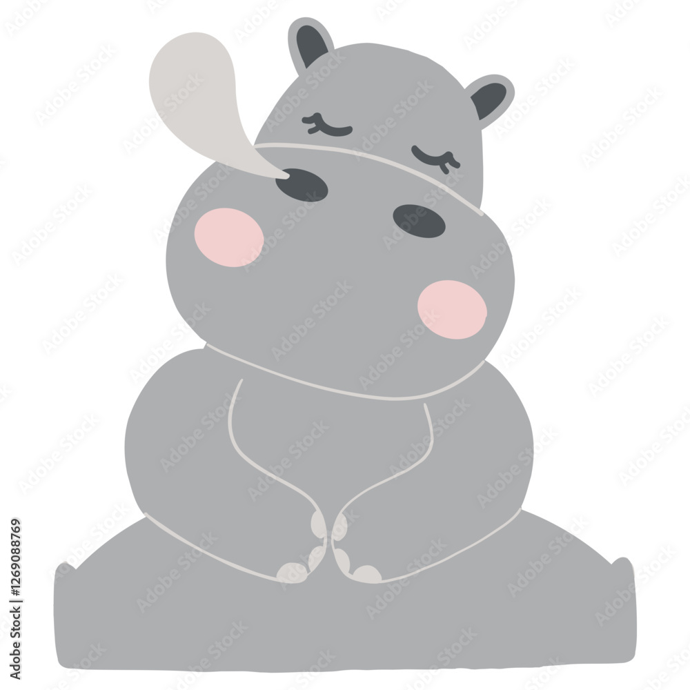 Obraz premium Cute cartoon hippo sitting peacefully with closed eyes.
