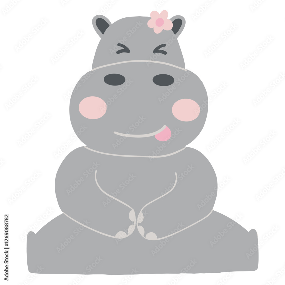 Fototapeta premium Cute cartoon hippo sitting with a playful expression and flower.