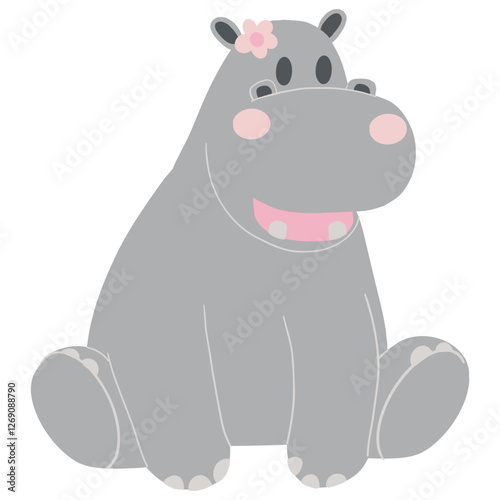 Cute cartoon hippo with a flower, sitting happily.