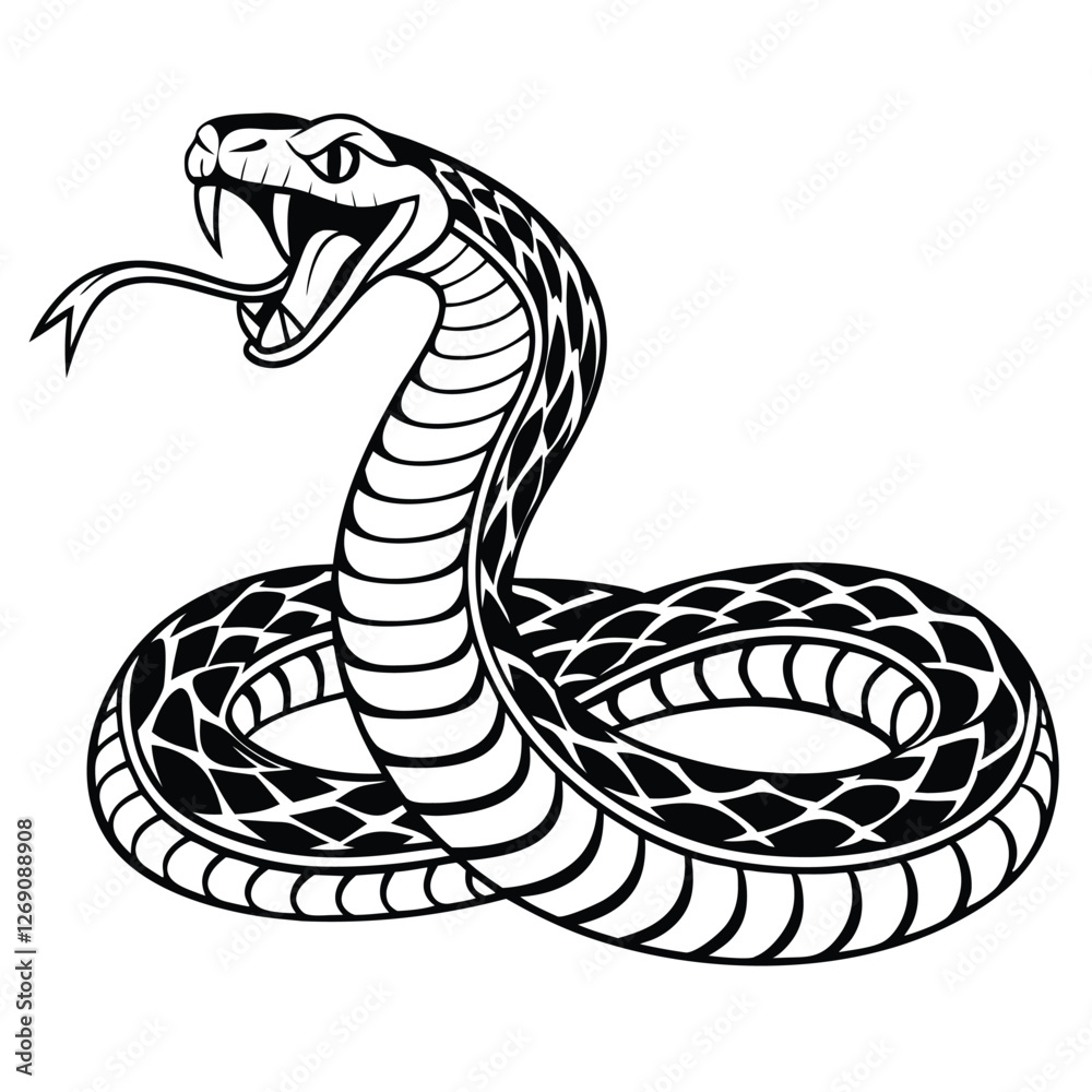 Fototapeta premium Monochrome vector art of coiled cobra, hood expanded, fangs visible, perfect for tattoos or logos.