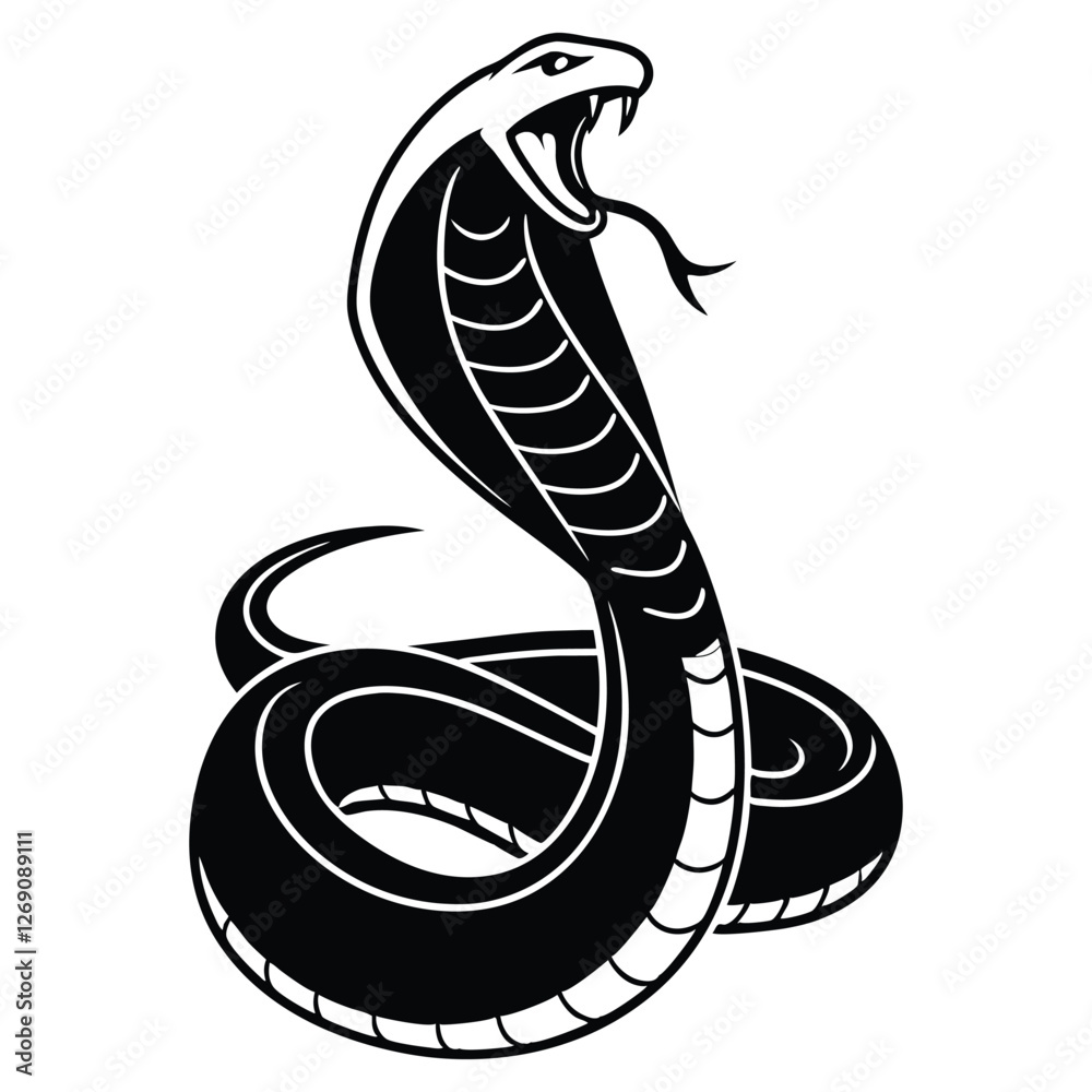 Fototapeta premium Artistic depiction of venomous cobra, coiled and ready to strike. Monochromatic design emphasizes the snake's menacing expression and detailed scales, perfect for tattoos or logos.