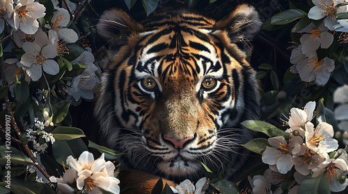 In a stunning setting with plenty of foliage and blossoms a young female tiger