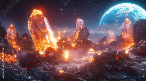 Robotic drones mining rare crystals on a glowing asteroid, Earth visible in the background, sci-fi realism