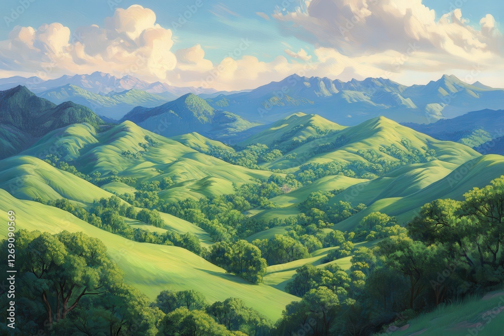 Fototapeta premium Lush Green Rolling Hills Under Bright Blue Sky with Soft Clouds