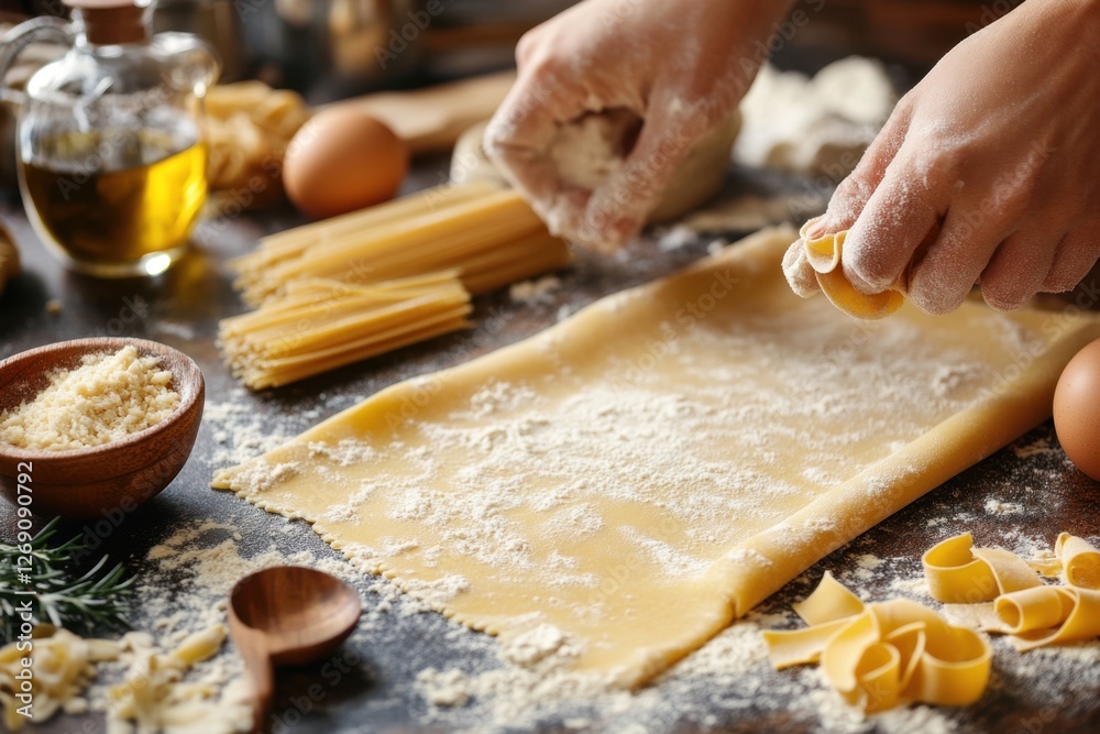 Fototapeta premium Culinary masterclass creating fresh pasta dough in a rustic kitchen capturing the heart of italian cuisine warm ambiance close-up view food photography inspiration