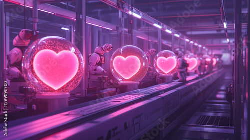 Futuristic factory producing glowing emotion orbs (love, joy, courage), AI workers with holographic hearts, pastel industrial aesthetic