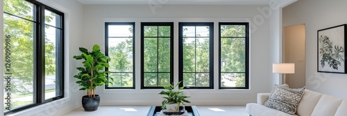 Modern living room with large black framed windows and plants