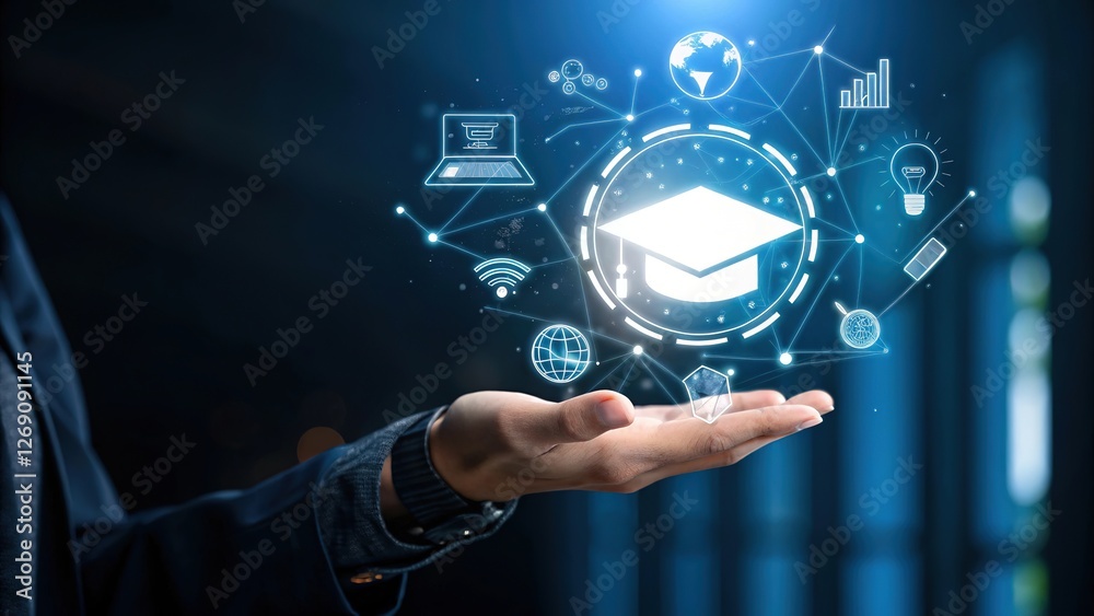 Fototapeta premium Hand Holding Graduation Cap Icon with Digital Learning Icons Education Technology and Online Learning Concept