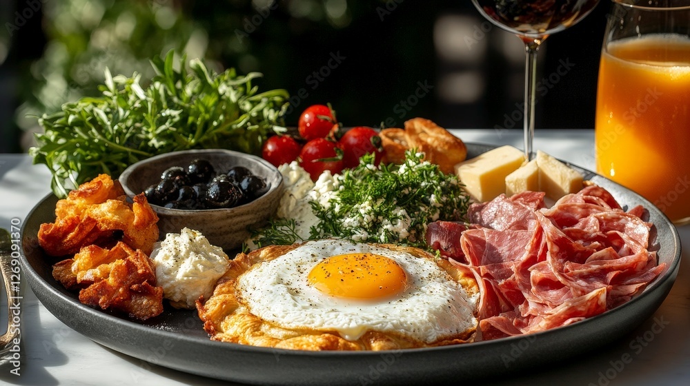 A vibrant breakfast platter featuring eggs, meats, cheese, and fresh vegetables. A vibrant breakfast platter featuring eggs, meats, cheese, and fresh vegetables.