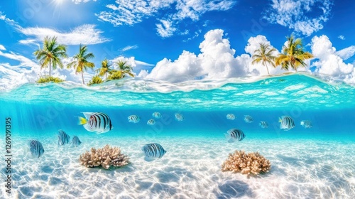 Tropical Paradise: Underwater Splendor and Palm-Fringed Island