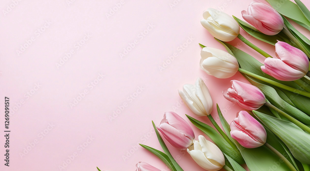 Obraz premium Pink and white tulips on a soft pink background 