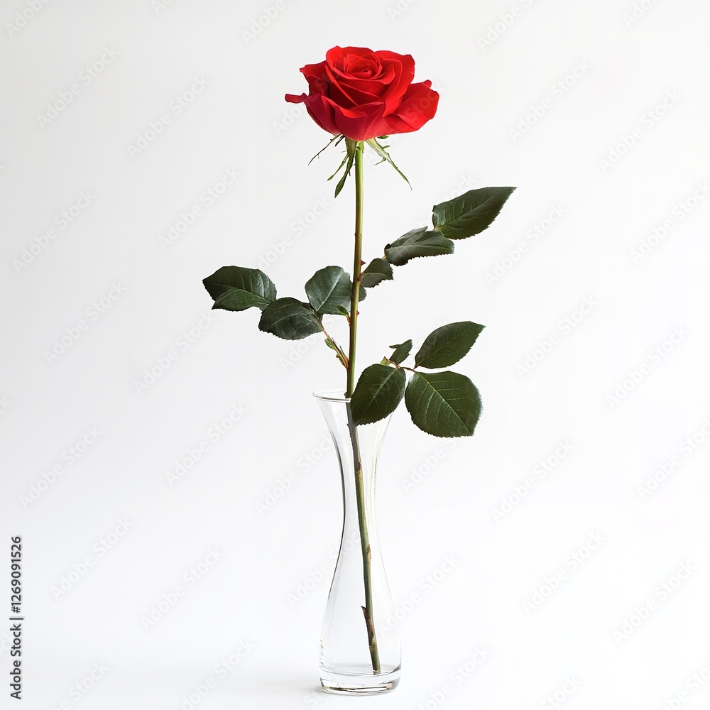 A solitary red rose with velvety petals and lush green leaves, gracefully presented in a clear glass vase against a soft, neutral background, embodying a sense of simple beauty and classic elegance. A solitary red rose with velvety petals and lush green leaves, gracefully presented in a clear glass vase against a soft, neutral background, embodying a sense of simple beauty and classic elegance.