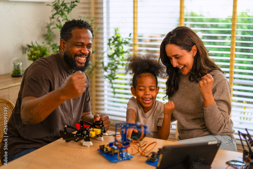 Fototapeta premium Parent is teaching her daughter robotic objects.