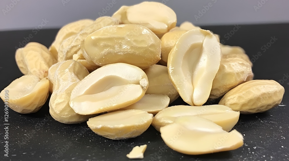 Closeup of Roasted Peanuts, Split and Whole, Nut Pile Closeup of Roasted Peanuts, Split and Whole, Nut Pile