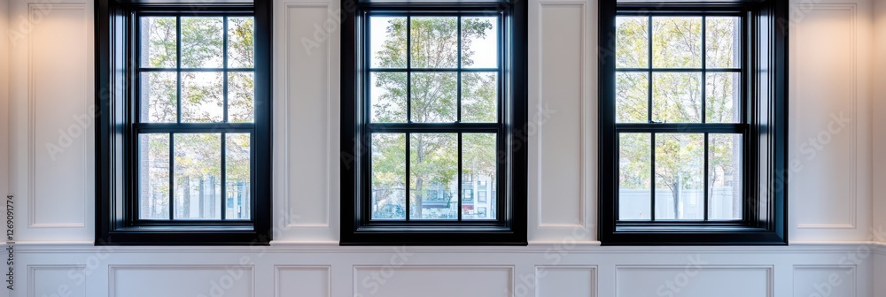 Three black framed windows showcase a tree lined view