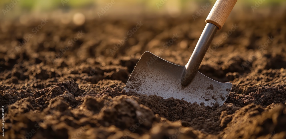 Close-up of a shovel in dark fertile soil, concept of gardening and land preparation Close-up of a shovel in dark fertile soil, concept of gardening and land preparation