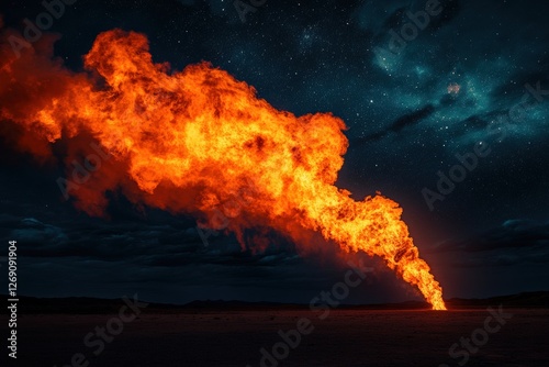 Fire breather creating a stunning fire plume under a starry night sky in a desert setting. Generative AI