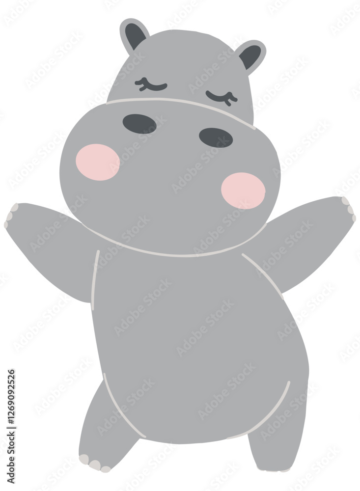 Cute cartoon hippo with a joyful expression and raised arms. Cute cartoon hippo with a joyful expression and raised arms.