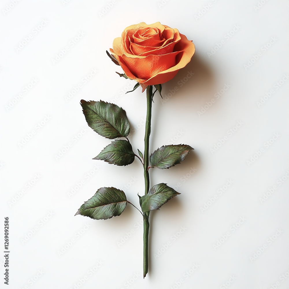 Fototapeta premium A solitary orange rose with deep, warm tones and subtle shadows, captured in soft, diffused light against a muted, neutral background, 