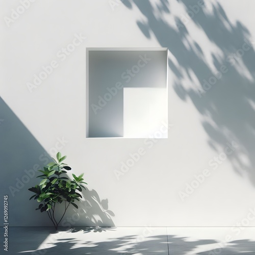 A white wall with a square window, showcasing a tree outside, blending architectural and natural elements harmoniously