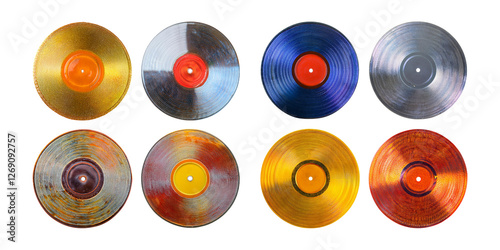 Vintage Vinyl Records in Various Colors and Patterns on Display